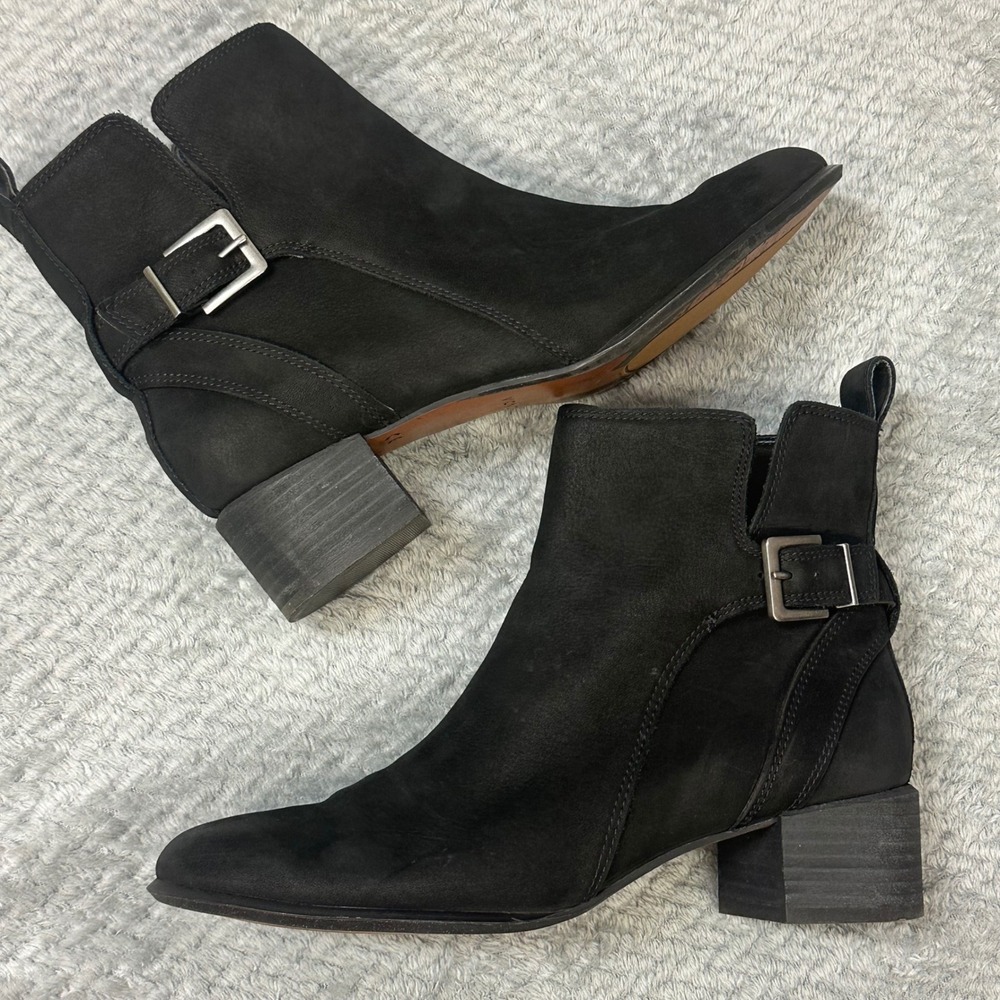 Vionic Sienna Waterproof Black Suede Ankle Boots Buckle Block Heel Womens 7.5